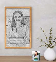 Kişiye Özel Kadın Öğretmen Karakalem Tasarımlı Dekoratif Retro Ahşap Çerçeveli Tablo-1