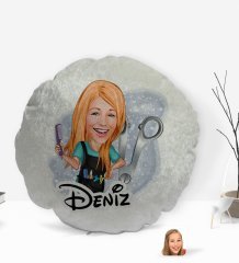Kişiye Özel İsimli Kadın Kuaför Karikatürlü Yuvarlak Dekoratif Kırlent Yastık-1