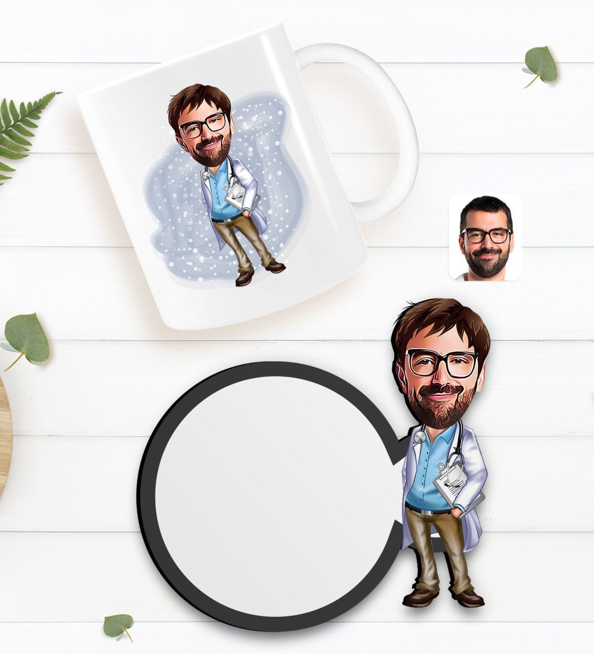 Kişiye Özel Erkek Doktor Karikatürlü Beyaz Kupa ve Ahşap Bardak Altlığı Hediye Seti-8