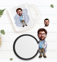 Kişiye Özel Erkek Doktor Karikatürlü Beyaz Kupa ve Ahşap Bardak Altlığı Hediye Seti-8
