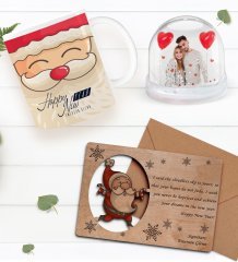 Kişiye Özel Fotoğraflı Kar Küresi & Happy New Year Kupa Bardak & Retro Ahşap Yılbaşı Tebrik Kartı Hediye Seti-6C