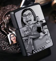 Kişiye Özel Bayan Muhasebeci Karikatürlü Benzinli Siyah Metal Çakmak - 1