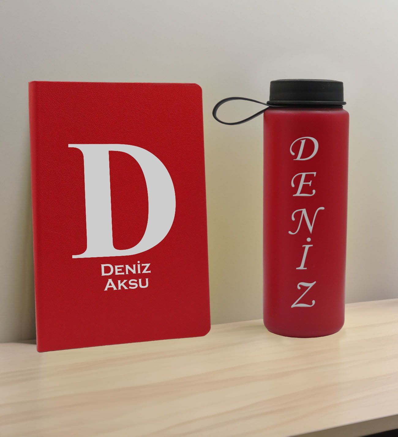 BK Gift Kişiye  Özel İsimli Kırmızı Defter ve Cam Matara Hediye Seti-5, Sevgiliye Hediye, Arkadaşa Hediye, Yeni İş Hediyesi