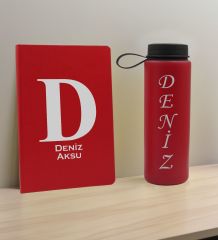 BK Gift Kişiye  Özel İsimli Kırmızı Defter ve Cam Matara Hediye Seti-5, Sevgiliye Hediye, Arkadaşa Hediye, Yeni İş Hediyesi