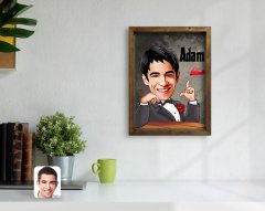 Kişiye Özel Adam Karikatürlü Doğal Masif Ahşap Çerçeveli Tablo-3
