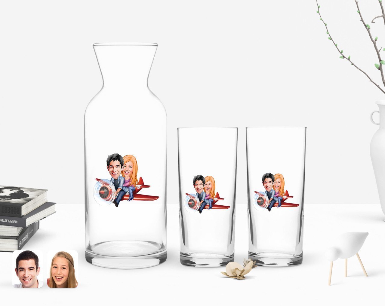 Kişiye Özel Renkli Baskılı Sevgililer Karikatürlü İkili Rakı Bardağı ve Karaf Hediye Seti-11