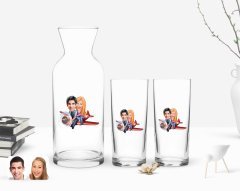 Kişiye Özel Renkli Baskılı Sevgililer Karikatürlü İkili Rakı Bardağı ve Karaf Hediye Seti-11