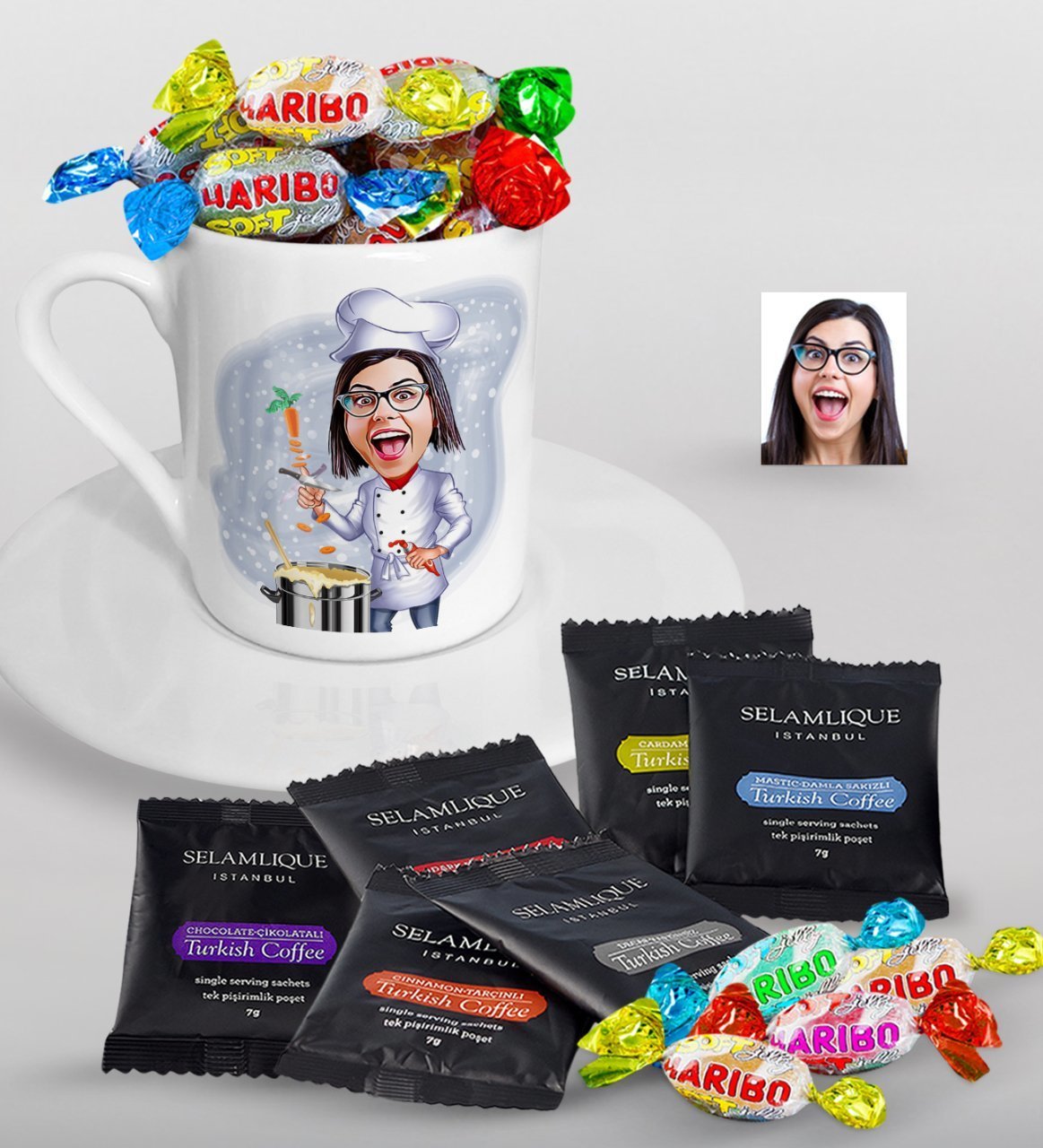 Kişiye Özel Bayan Chef Karikatürlü Türk Kahvesi Fincanı Selamlique Karışık Türk Kahvesi ve Haribo Şeker Hediye Seti-1