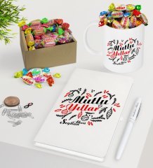 Kişiye Özel Yılbaşı Mutlu Yıllar Beyaz Defter Kalem Kupa ve Kutulu Haribo Şeker Hediye Seti-4