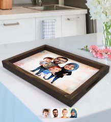 Kişiye Özel Tesettürlü Aile Karikatürlü Doğal Ahşap Tepsi-3