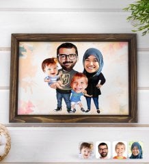 Kişiye Özel Tesettürlü Aile Karikatürlü Doğal Ahşap Tepsi-3