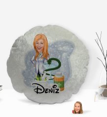 Kişiye Özel İsimli Kadın Eczacı Karikatürlü Yuvarlak Dekoratif Kırlent Yastık-2