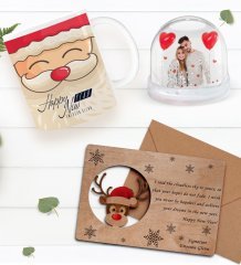 Kişiye Özel Fotoğraflı Kar Küresi & Happy New Year Kupa Bardak & Retro Ahşap Yılbaşı Tebrik Kartı Hediye Seti-6B