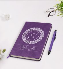 Kişiye Özel İsimli Mor Termo Deri Defter Kalem Seti Model 2