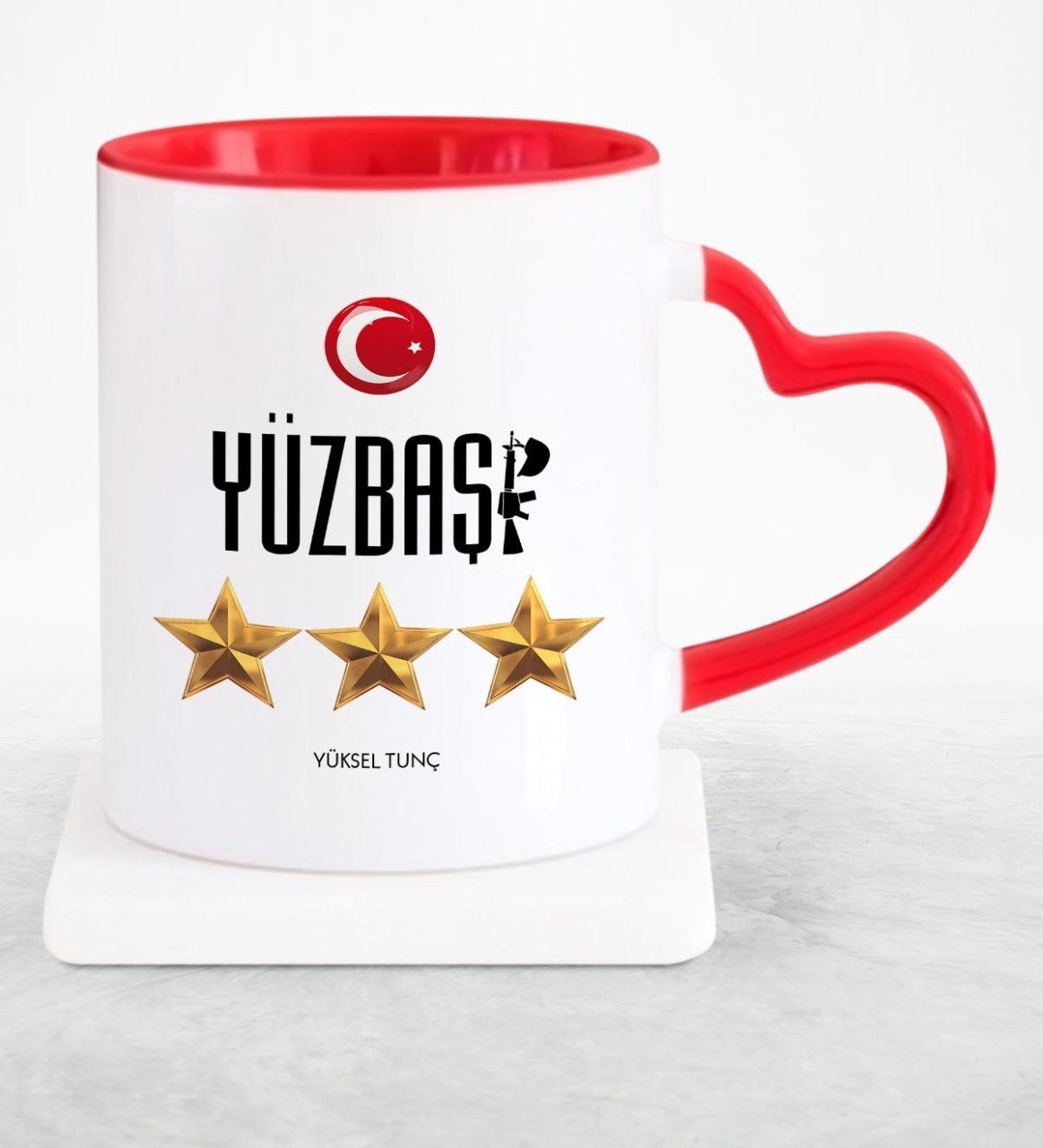 Kişiye Özel Mesleki Yüzbaşı Kırmızı Kalpli Kupa Bardak