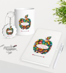Kişiye Özel Dünyanın En İyi Öğretmeni Kupa Anahtarlık Beyaz Defter Kalem Hediye Seti-12
