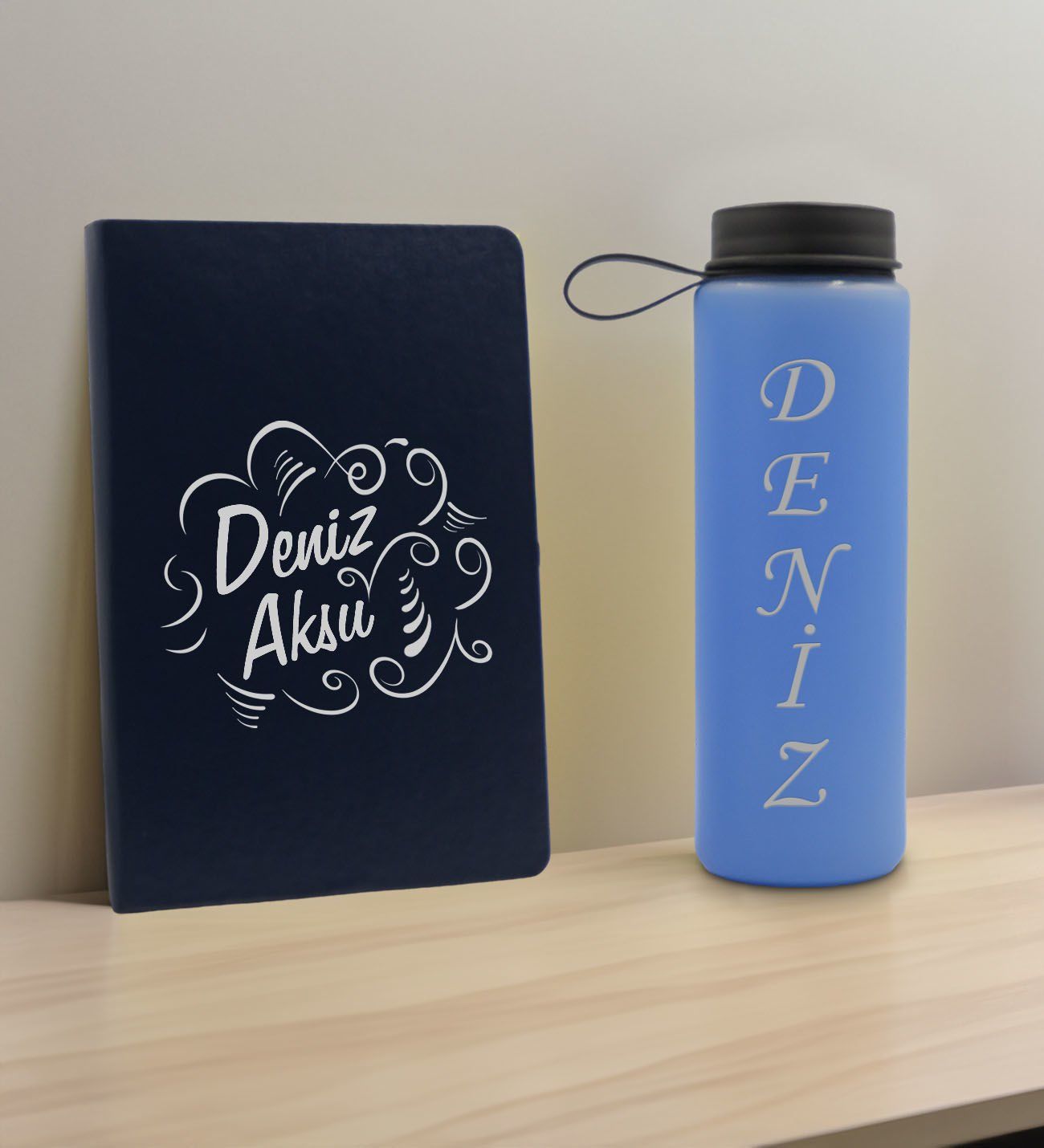 BK Gift Kişiye  Özel İsimli Lacivert Defter ve Mavi Cam Matara Hediye Seti-4, Sevgiliye Hediye, Arkadaşa Hediye, Yeni İş Hediyesi