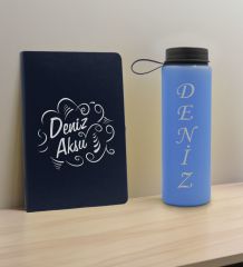 BK Gift Kişiye  Özel İsimli Lacivert Defter ve Mavi Cam Matara Hediye Seti-4, Sevgiliye Hediye, Arkadaşa Hediye, Yeni İş Hediyesi