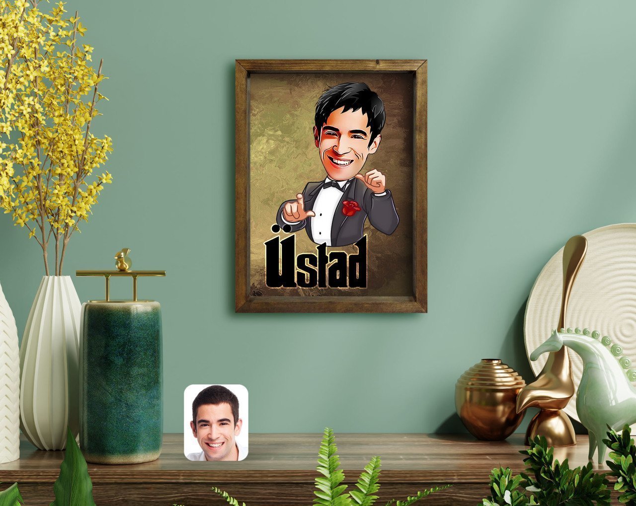 Kişiye Özel Üstad Karikatürlü Doğal Masif Ahşap Çerçeveli Tablo-2