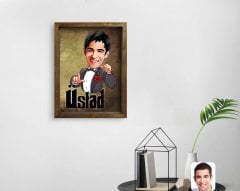 Kişiye Özel Üstad Karikatürlü Doğal Masif Ahşap Çerçeveli Tablo-2