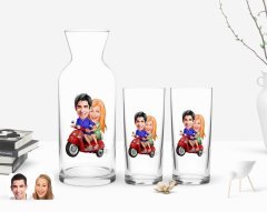 Kişiye Özel Renkli Baskılı Sevgililer Karikatürlü İkili Rakı Bardağı ve Karaf Hediye Seti-10