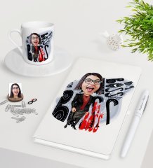 Kişiye Özel Bayan Big Boss Karikatürlü Beyaz Defter Kalem Türk Kahvesi Fincanı Seti-3