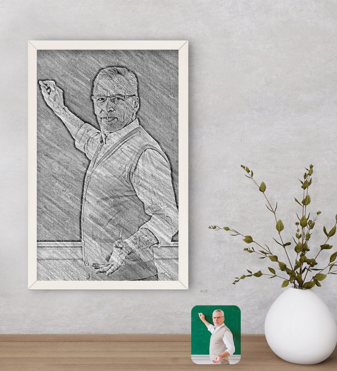 Kişiye Özel Erkek Öğretmen Karakalem Tasarımlı Dekoratif Ahşap Beyaz Çerçeveli Tablo-1