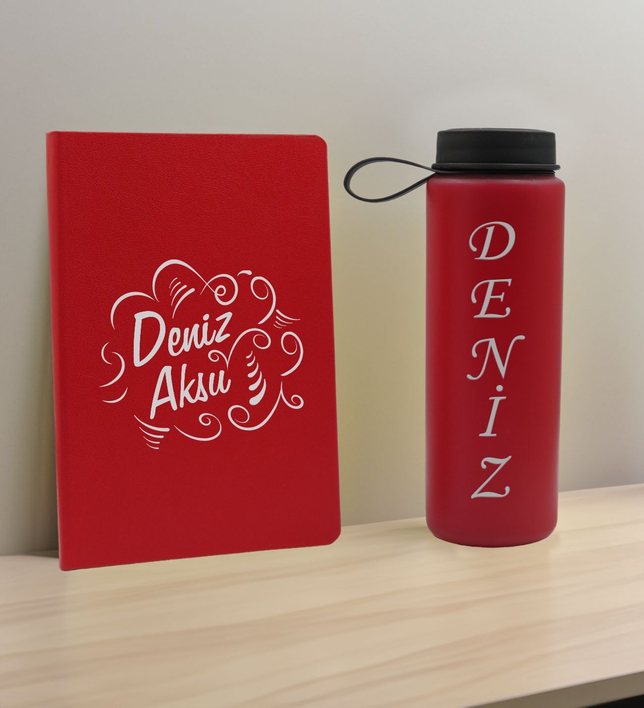 BK Gift Kişiye  Özel İsimli Kırmızı Defter ve Cam Matara Hediye Seti-4, Sevgiliye Hediye, Arkadaşa Hediye, Yeni İş Hediyesi