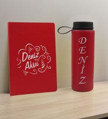 BK Gift Kişiye  Özel İsimli Kırmızı Defter ve Cam Matara Hediye Seti-4, Sevgiliye Hediye, Arkadaşa Hediye, Yeni İş Hediyesi
