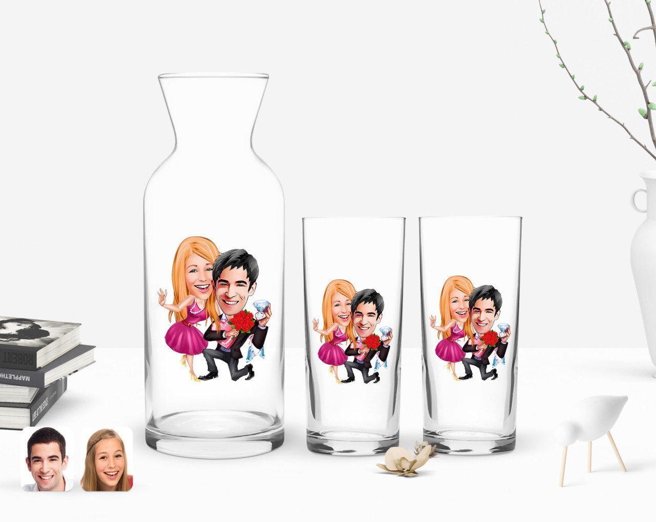 Kişiye Özel Renkli Baskılı Sevgililer Karikatürlü İkili Rakı Bardağı ve Karaf Hediye Seti-9