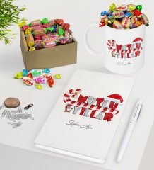 Kişiye Özel Yılbaşı Mutlu Yıllar Beyaz Defter Kalem Kupa ve Kutulu Haribo Şeker Hediye Seti-2