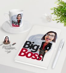 Kişiye Özel Bayan Big Boss Karikatürlü Beyaz Defter Kalem Türk Kahvesi Fincanı Seti-2