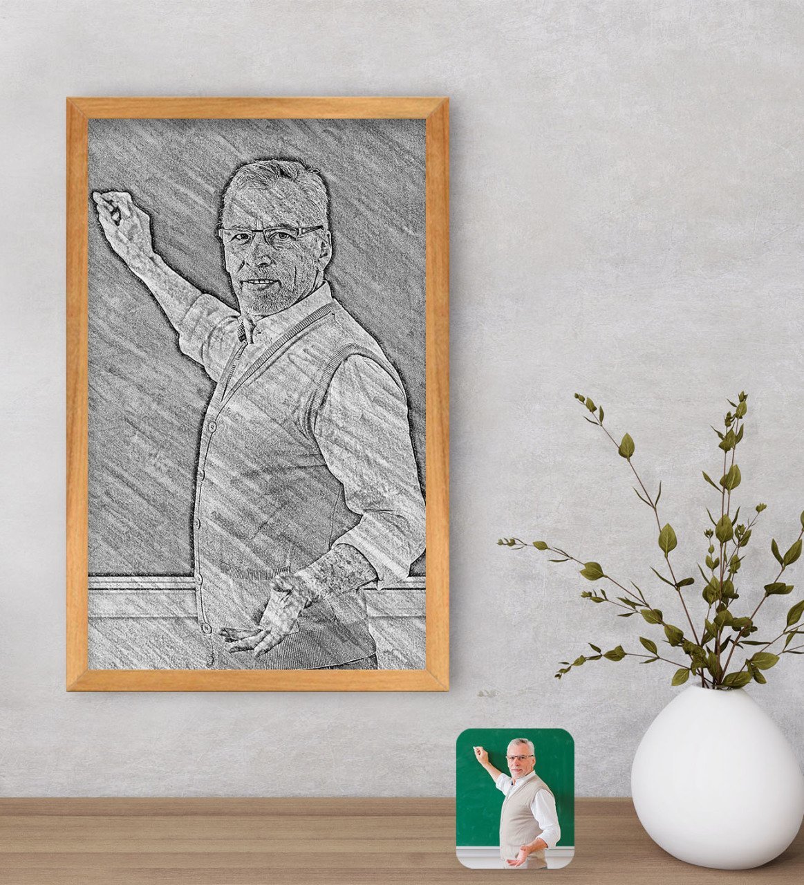 Kişiye Özel Erkek Öğretmen Karakalem Tasarımlı Dekoratif Retro Ahşap Çerçeveli Tablo-1