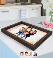 Kişiye Özel Aile Karikatürlü Doğal Ahşap Tepsi-3