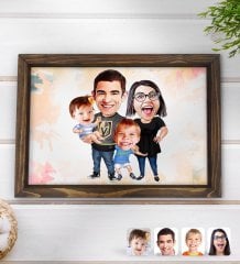 Kişiye Özel Aile Karikatürlü Doğal Ahşap Tepsi-3