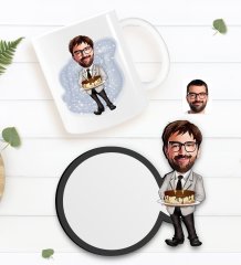 Kişiye Özel Erkek Doğum Günü Karikatürlü Beyaz Kupa ve Ahşap Bardak Altlığı Hediye Seti-4