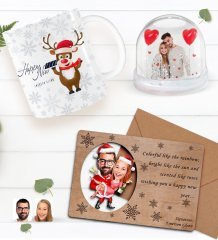 Kişiye Özel Fotoğraflı Kar Küresi & Happy New Year Kupa Bardak & Retro Ahşap Yılbaşı Tebrik Kartı Hediye Seti-5F