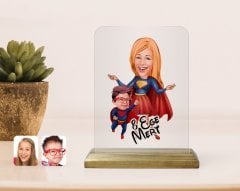 Kişiye Özel Süper Anne ve Süper Çocuk Karikatürlü Ahşap Standlı Çerçeve