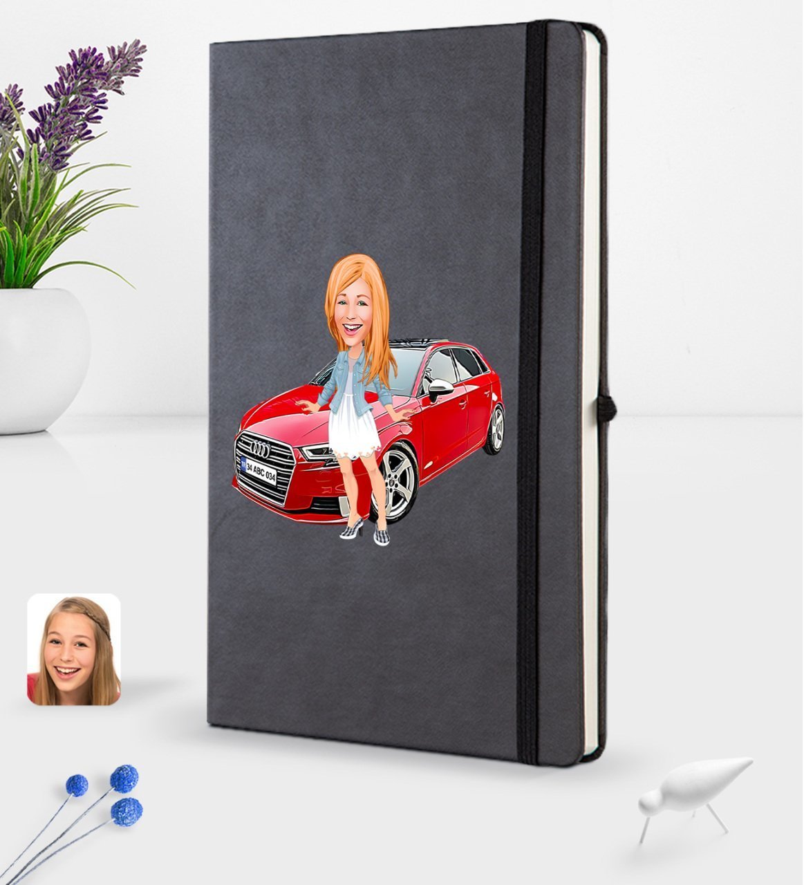 Kişiye Özel Plakalı Kadın Audi A3 Karikatürlü Siyah Termo Deri Defter 16x24cm Model 1