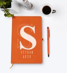 Kişiye Özel İsimli Turuncu Termo Deri Defter Kalem Seti Model 34
