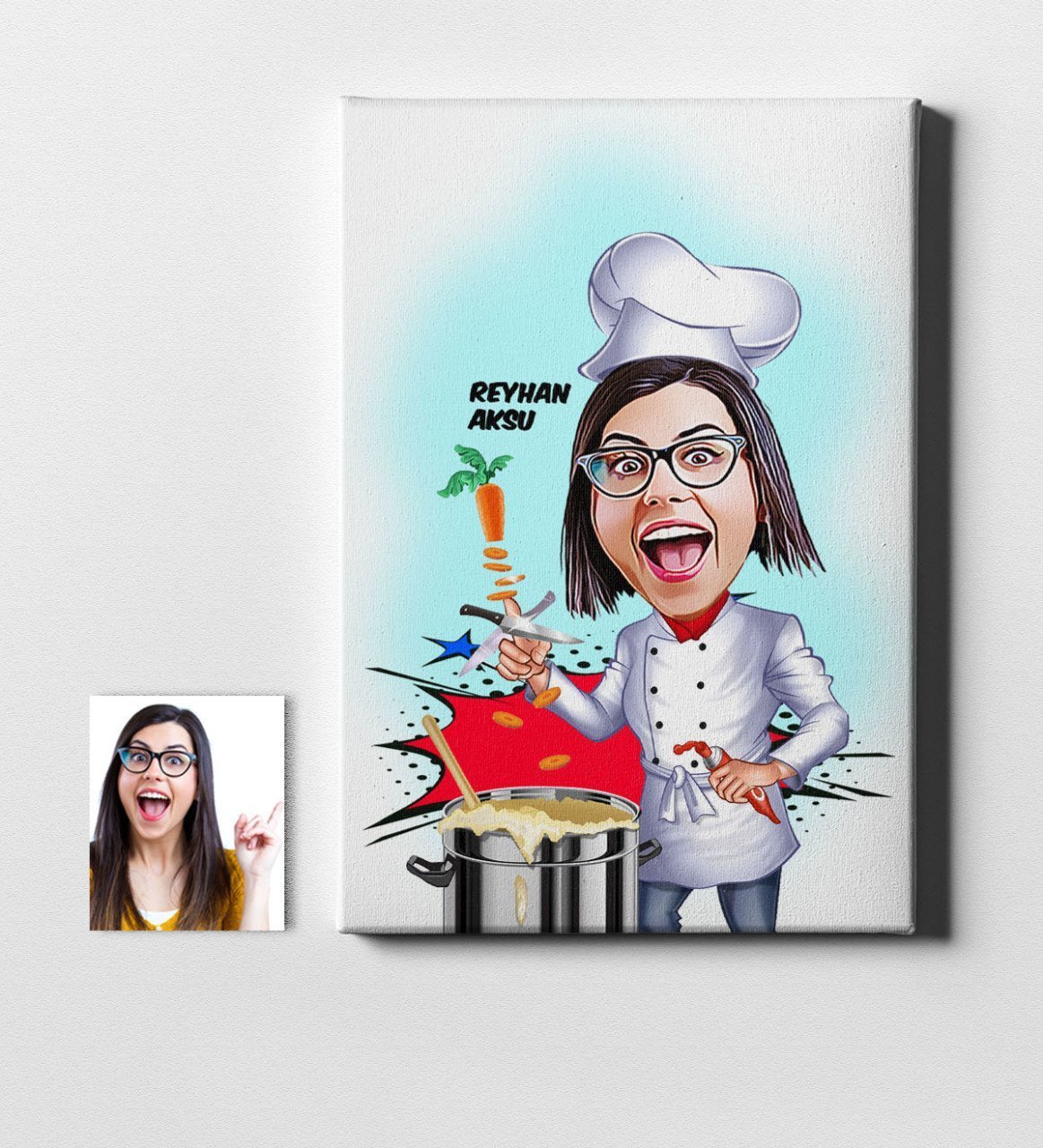 Kişiye Özel Bayan Chef Karikatür Kanvas Tablo (50 x 70 cm.) 1