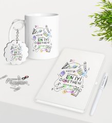 Kişiye Özel Dünyanın En İyi Öğretmeni Kupa Anahtarlık Beyaz Defter Kalem Hediye Seti-8