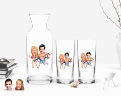 Kişiye Özel Renkli Baskılı Sevgililer Karikatürlü İkili Rakı Bardağı ve Karaf Hediye Seti-8