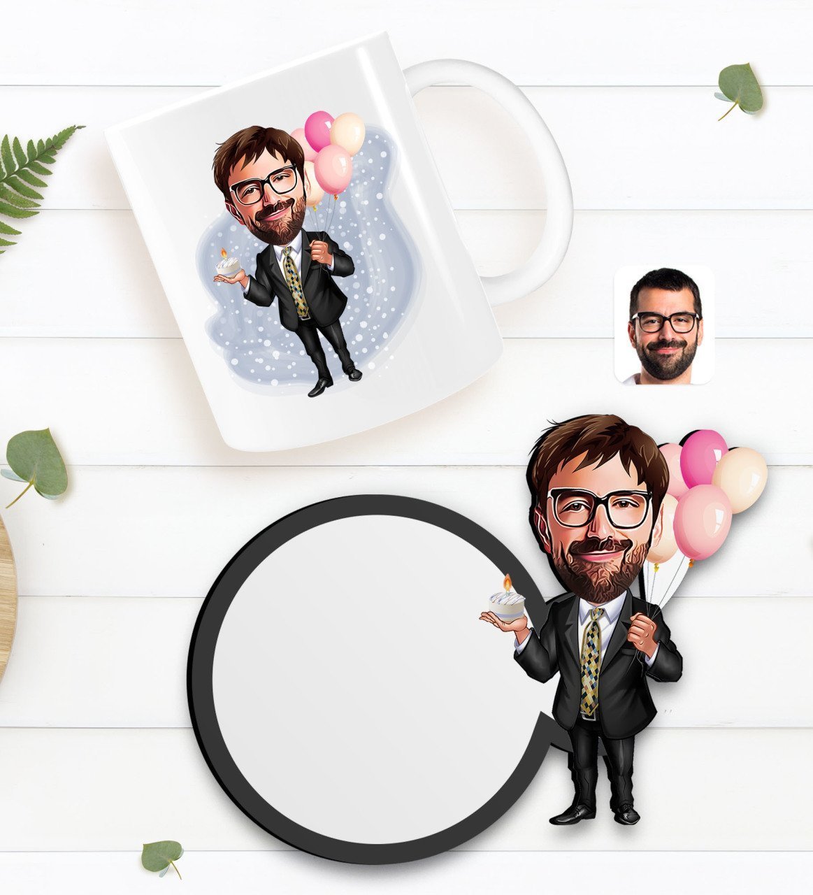 Kişiye Özel Erkek Doğum Günü Karikatürlü Beyaz Kupa ve Ahşap Bardak Altlığı Hediye Seti-3