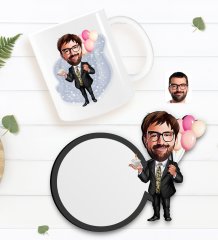 Kişiye Özel Erkek Doğum Günü Karikatürlü Beyaz Kupa ve Ahşap Bardak Altlığı Hediye Seti-3