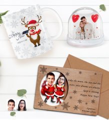 Kişiye Özel Fotoğraflı Kar Küresi & Happy New Year Kupa Bardak & Retro Ahşap Yılbaşı Tebrik Kartı Hediye Seti-5E