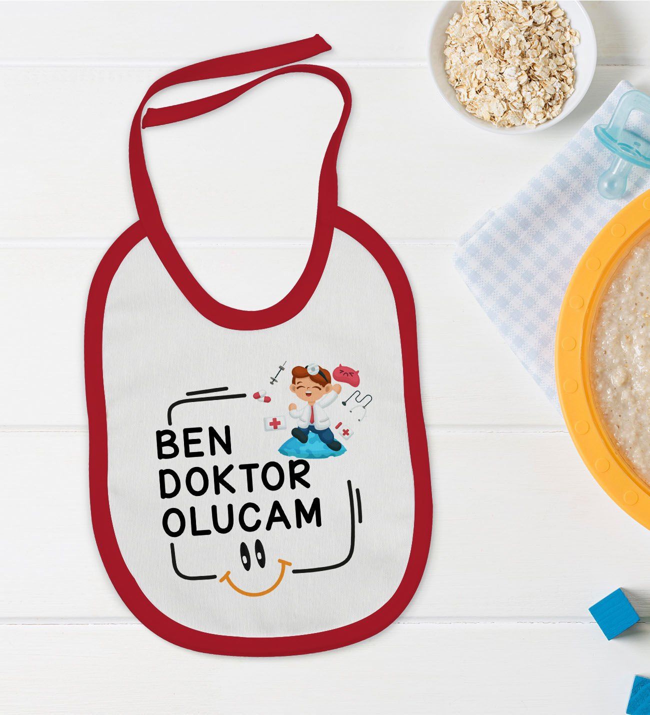 BK Kids Doktor Olucam Tasarımlı Kırmızı Bebek Mama Önlüğü-1