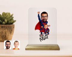 Kişiye Özel Süper Baba ve Süper Çocuk Karikatürlü Ahşap Standlı Çerçeve