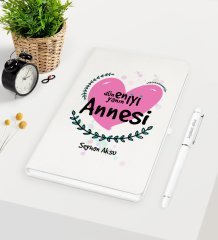 Kişiye Özel Dünyanın En İyi Annesi Beyaz Defter Kalem Seti - 11