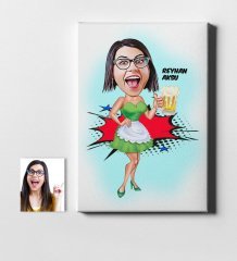 Kişiye Özel Bar Maid Karikatür Kanvas Tablo (50 x 70 cm.) 1
